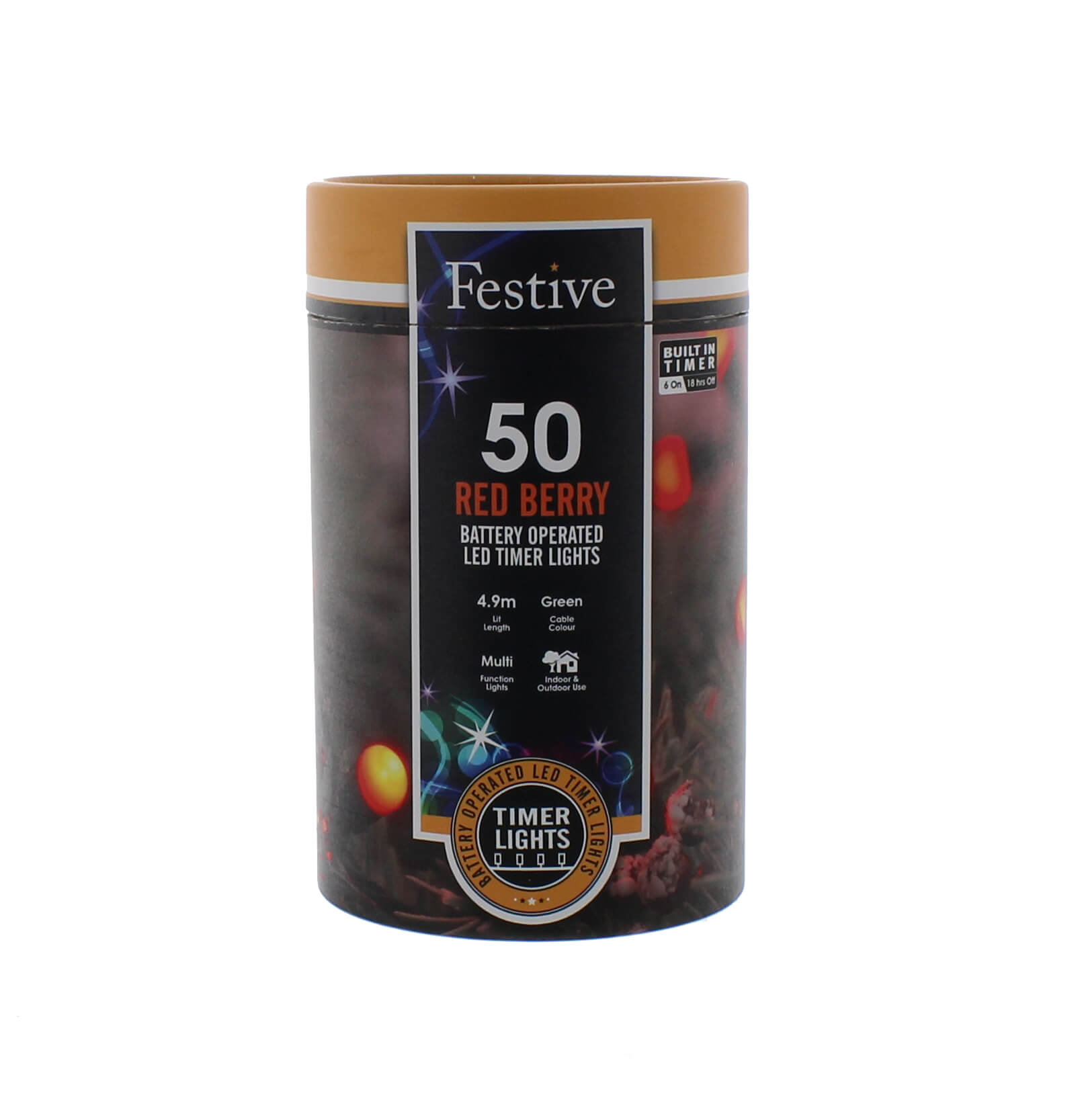 White cut out of the 50 red berries Christmas lights packaging