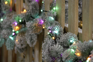 Close up of the Christmas garland with 760 pastel tree lights wrapped around it