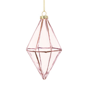 Pink Christmas tree decoration made from see through pink glass, and painted rose gold lines on the edges of the 8 facet diamond shaped Christmas tree decoration