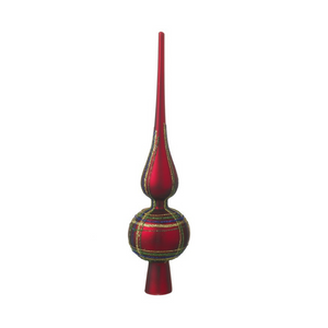 Red alternative tree topper made from glass, shaped like a finial and with fine glitter lines in blue, green and gold
