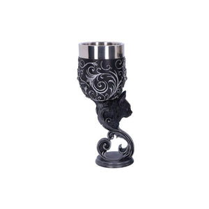 Showing the side view of the cat head protruding from the stalk, and the shape of the goblet stalk on this unusual halloween metal goblet]