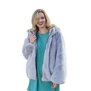 Picture of the one size silver grey faux fur coat with hood as worn on a model
