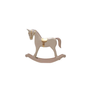 Beige painted small wooden rocking horse with gold bridle and saddle