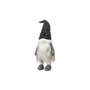 Spotty Christmas gonk so called becuase of his dark grey and white spotty hat.  Stripy legs and arms, and unusual to see his legs, wearing pale grey boots