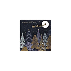 The winter landscapes Christmas cards showing the trees of blues and turquoises and gold foiling.  The sleigh and flying reindeer are also in gold foil flying in front of the moon.