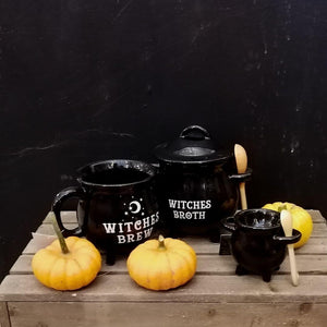 witches brew caudlron mug, cauldron egg cup and spoon, and witches brew caudlron mug
