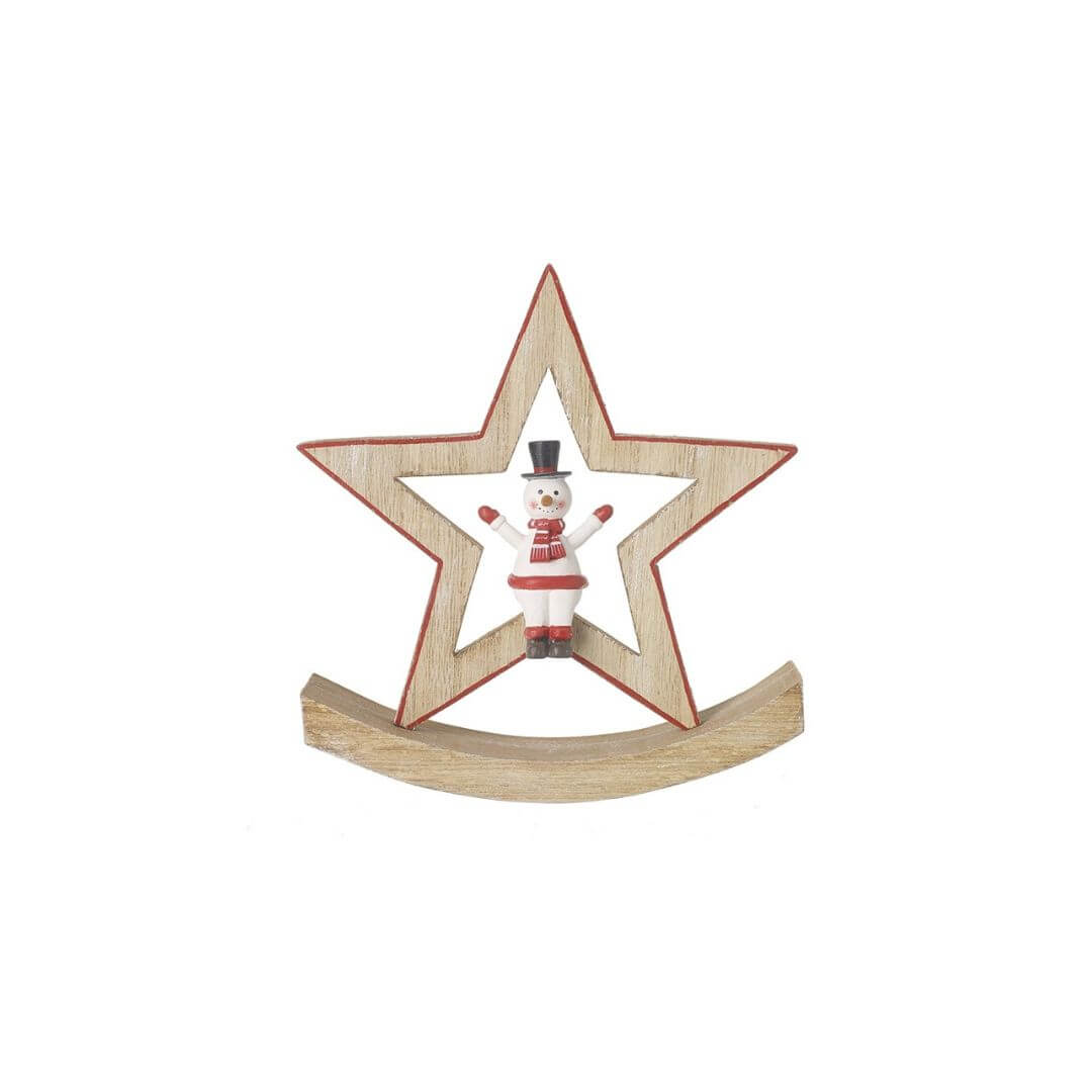 Snowman sitting inside a cut out wooden rocking star.  This Christmas decoaion has been lightly whitewashed, with spots of red colour.