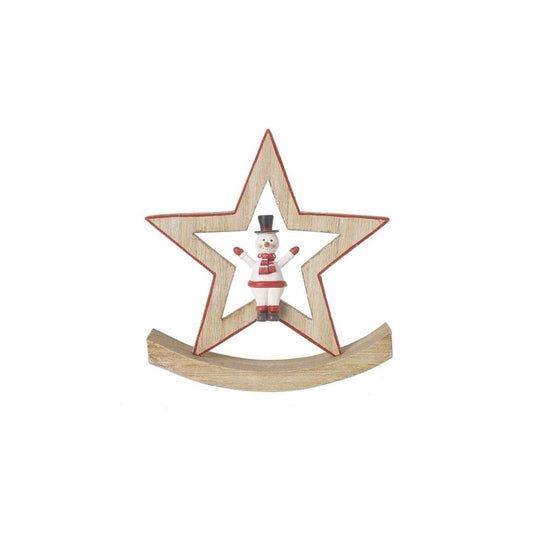 Snowman sitting inside a cut out wooden rocking star.  This Christmas decoaion has been lightly whitewashed, with spots of red colour.