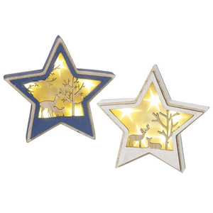 Wooden light up star decorations showing the two colours available of blue and white