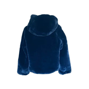 Showing the back of the navy blue faux fur coat with hood